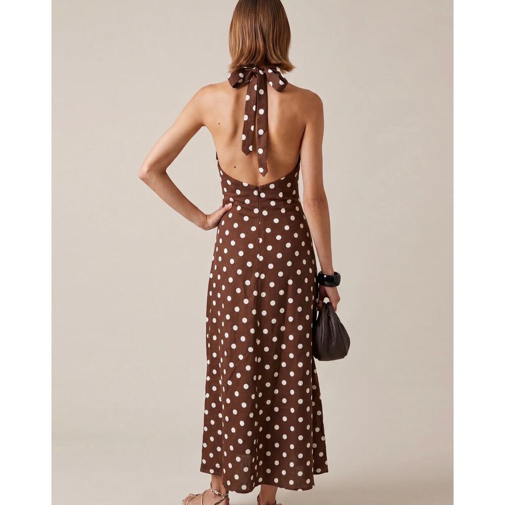 New O.P.T Noelle cotton brown polka dot maxi dress $197 sz L - Picture 2 of 6